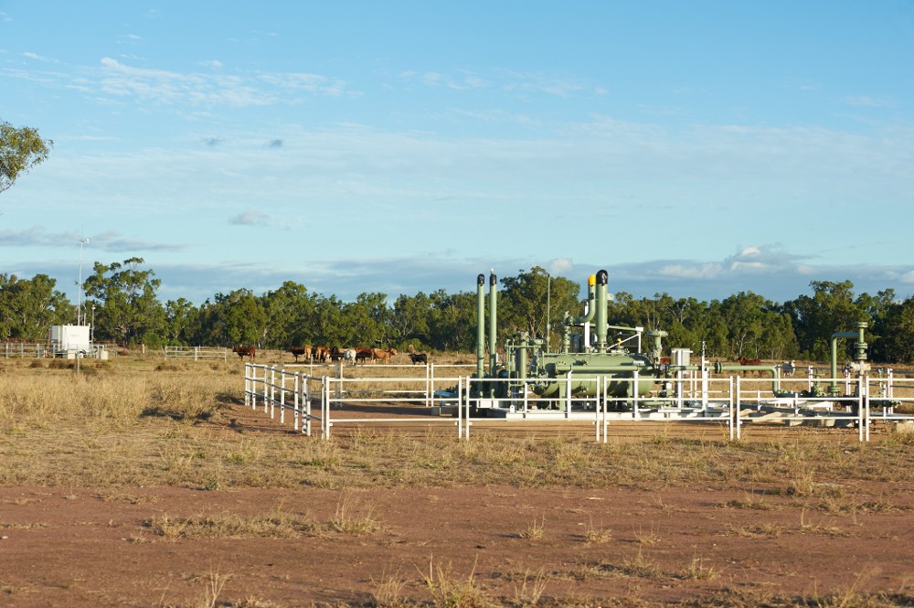 coal seam gas well on grazing land with cows in background