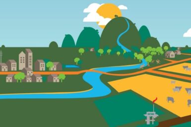 A visual representation of a town and environs.
