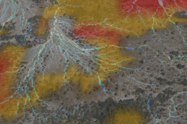 CSIRO Map of overland water flow, shown by yellow, red, grey and blue imaging
